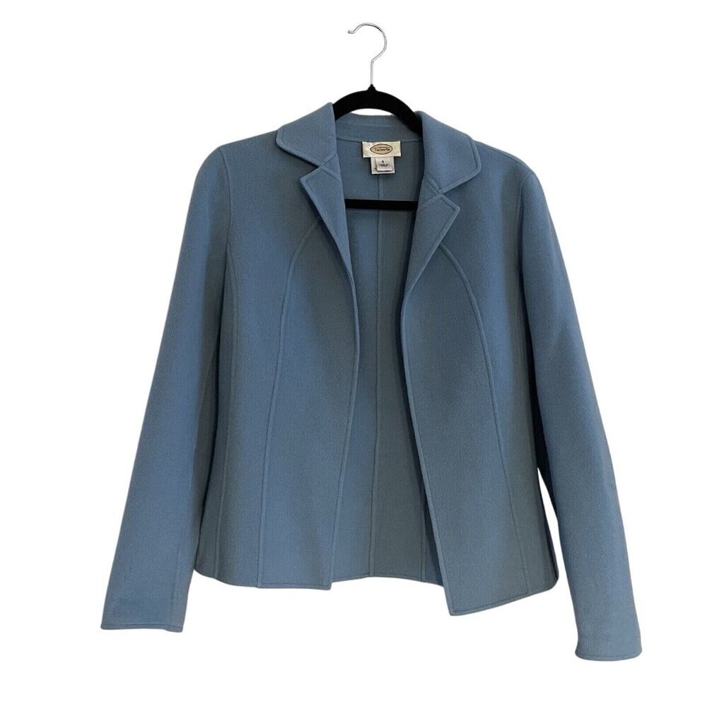 Talbots Women Sz 6 Blue 100% Wool Open Front Knit Blazer Jacket